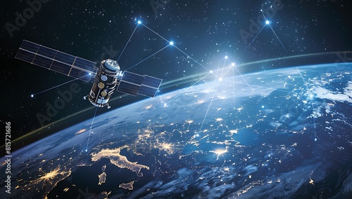 A satellite in orbit, connecting lines to other satelites around the earth with data and information, representing global connectivity and advanced technology photo