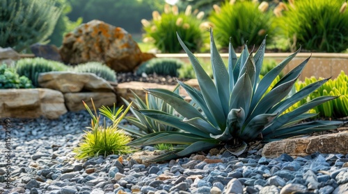 Succulent plants in a rock garden. Landscape design photography with copy space