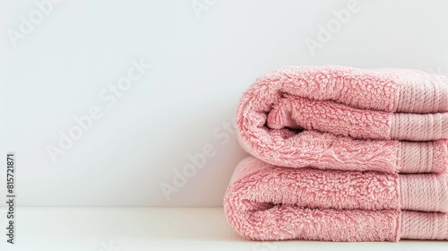 two blush stacked towels, viewed from an overlooking angle against a pristine white background, exuding luxury and comfort in bathroom decor.