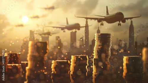 A series of small coin stacks forming a city skyline with real airplanes flying in the background, blending real and metaphorical growth photo