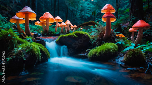 Fantasy magical Mushrooms glade in enchanted fairy tale dreamy elf Forest, fairytale rose flower garden and butterflies on mysterious background,
