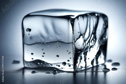 A crystal-clear ice cube melting on a glass surface