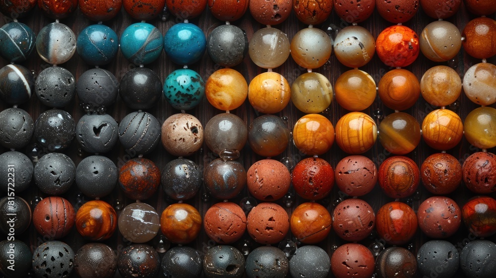 Assorted natural stone beads with water drops on wooden surface. Assorted natural stone beads with water drops on wooden surface.