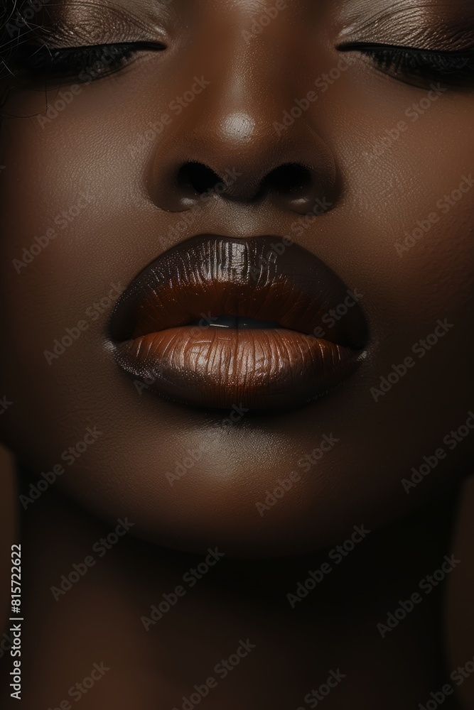  a black female model with eyes closed and a graceful expression, beauty close-up shot of her face with lips in the center of the photo