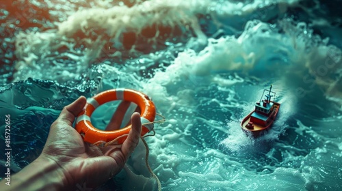 A creative shot of a hand throwing a safety lifebuoy towards a miniature boat in turbulent water painted on a backdrop