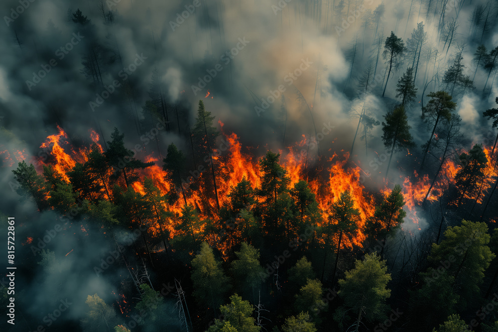 A forest fire is raging through a forest, with smoke A forest fire is raging through a forest, with smoke