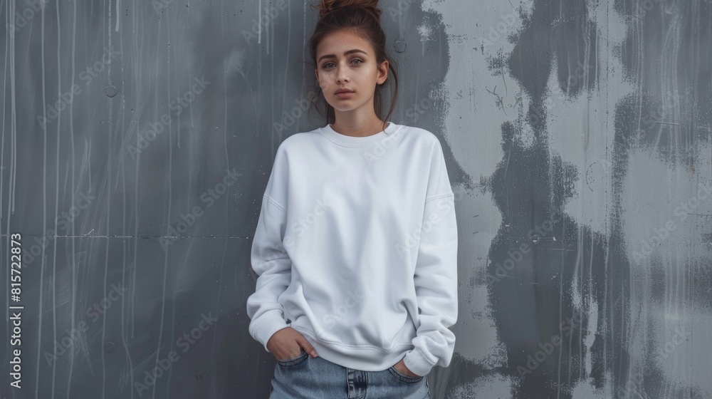 Urban Casual Style Young Woman Posing Against Grey Wall Background Urban Casual Style Young Woman Posing Against Grey Wall Background