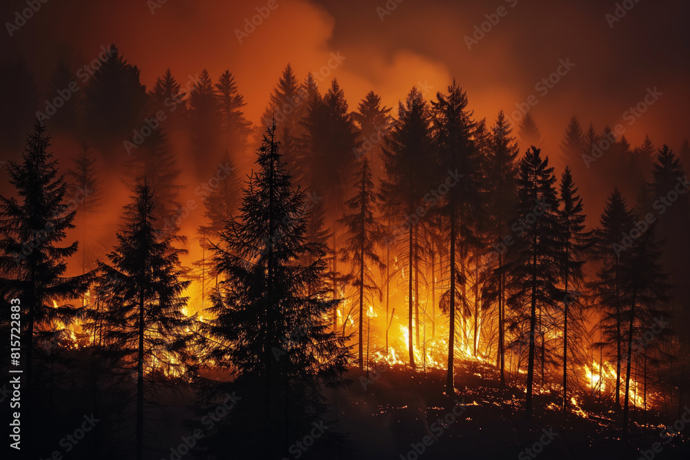 A forest fire is raging through a forest, with smoke A forest fire is raging through a forest, with smoke