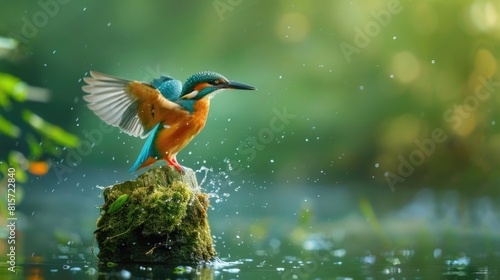 Vibrant Kingfisher Perched on Mossy Rock by Water © Evon J