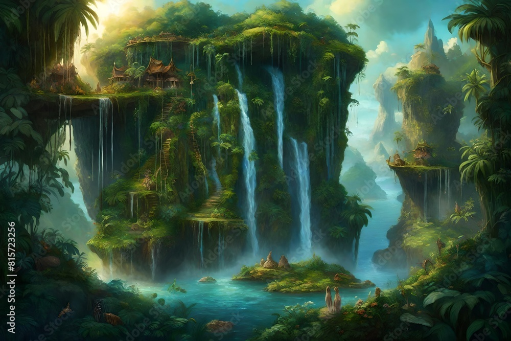A surreal, floating island of cascading waterfalls, lush vegetation, and exotic, fantastical creatures in a breathtaking high-definition view.
