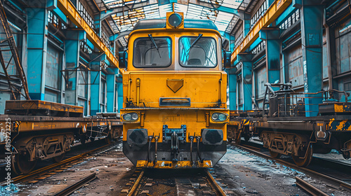 Vintage industrial yellow locomotive in a railway depot photo