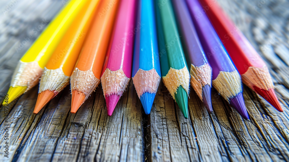 Row of colorful pencils on a clean white surface. Row of colorful pencils on a clean white surface.