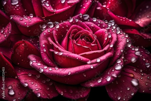 Glistening dewdrops on velvety rose petals