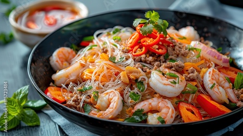 Spicy Glass Noodle Salad,mixed shrimp with minced pork and squid. AI Generative