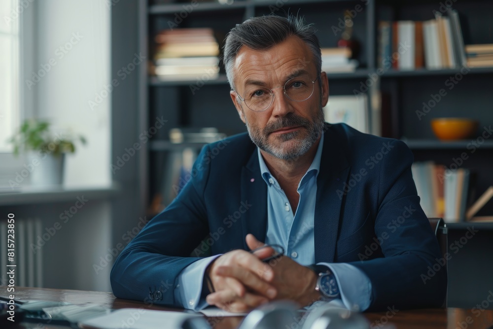 an attractive mature businessman sitting at his desk in the office. an attractive mature businessman sitting at his desk in the office.