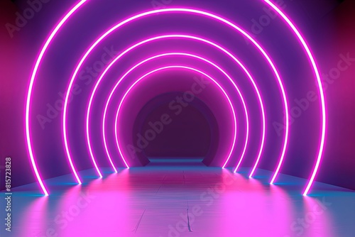 Vibrant neon tunnel with futuristic pink and purple lighting