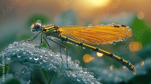 Experience the delicate beauty of a translucent damselfly as it alights upon a dew-covered leaf, its wings shimmering with iridescent hues. photo