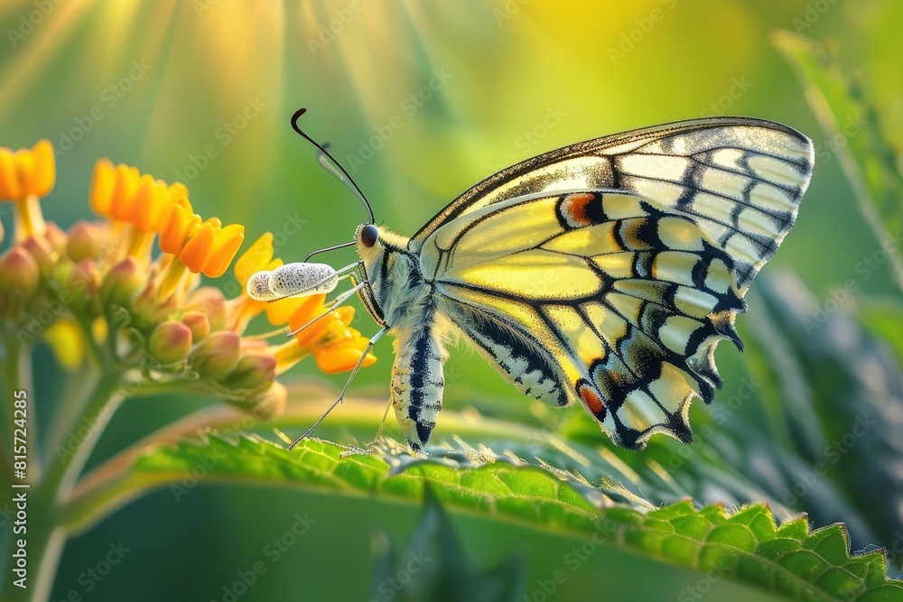 Fototapeta premium A beautiful yellow butterfly with black and red markings is perched on a flower
