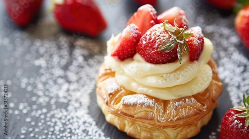 Strawberry cream puff with black background. AI Generative