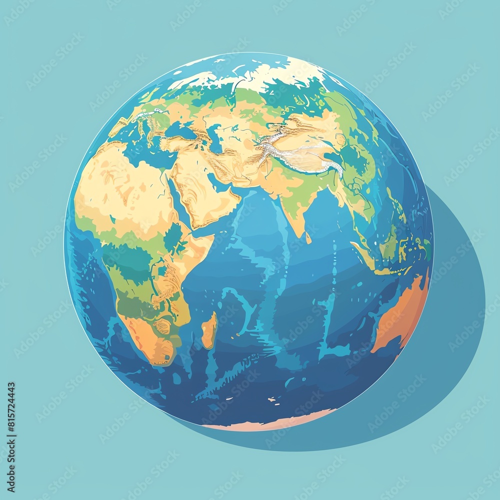 Fototapeta premium Compact digital globe centered on Middle East flat design top view corporate office theme cartoon drawing Split-complementary color scheme