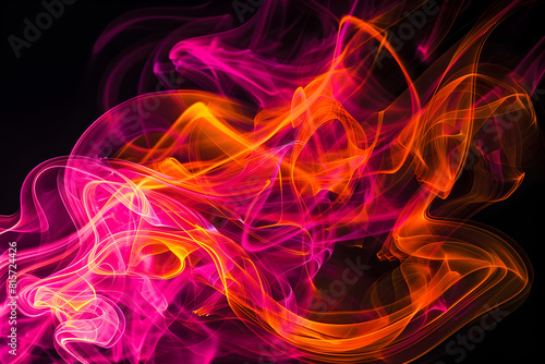 Vibrant pink and orange neon swirling abstract art. Stunning creation on black background.