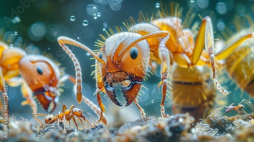 A close-up photograph of an ant. The ant is in focus and sharp  with a blurred background. The ant is facing the camera and is surrounded by other ants.