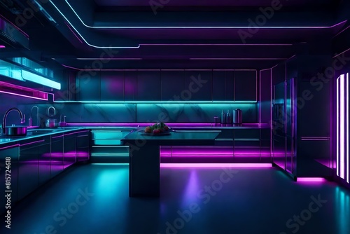 A futuristic kitchen with sleek stainless steel countertops and vibrant LED lighting