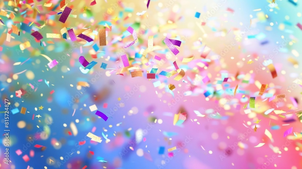 A dynamic scene of rainbow confetti in the air with a rainbow flag in the background, symbolizing celebration and pride with space for text A dynamic scene of rainbow confetti in the air with a rainbow flag in the background, symbolizing celebration and pride with space for text