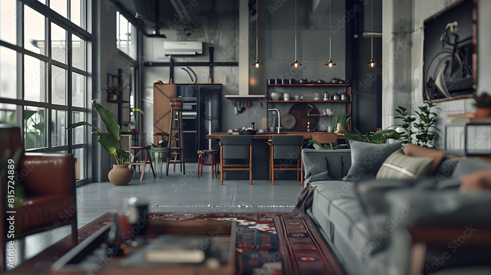 Stylish living room in gray loft interior with rustic rug : Generative AI Stylish living room in gray loft interior with rustic rug : Generative AI