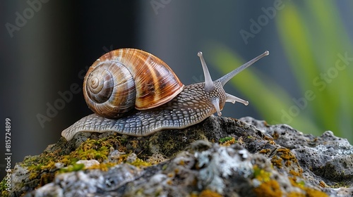 A snail is slowly making its way across a mossy rock. The snail has a beautiful brown and white shell. It is moving very slowly and deliberately towards its destination.