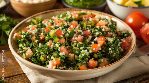 Tabbouleh salad. Tabouli salad with fresh parsley, onions, tomatoes. AI Generative