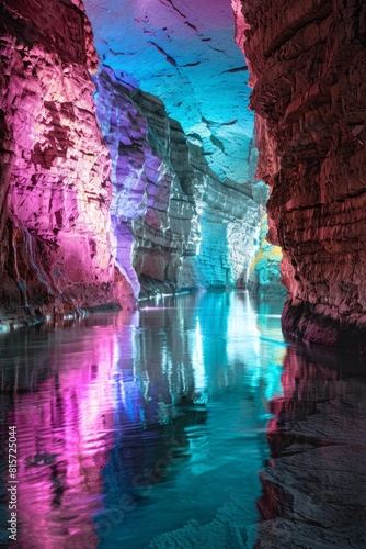 Neon vertical lights in a surreal cave with reflections 