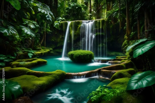 A serene waterfall hidden deep within a lush  emerald jungle  its waters cascading gracefully into a tranquil pool surrounded by vibrant foliage