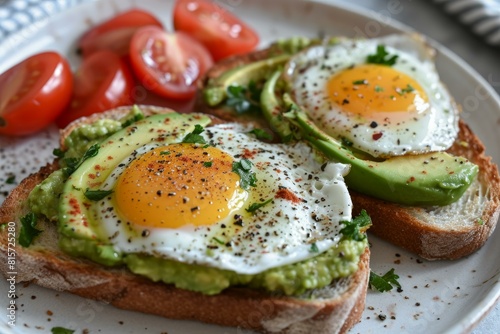 Delicious avocado toast topped with fried eggs, garnished with herbs and spices, served with fresh tomatoes