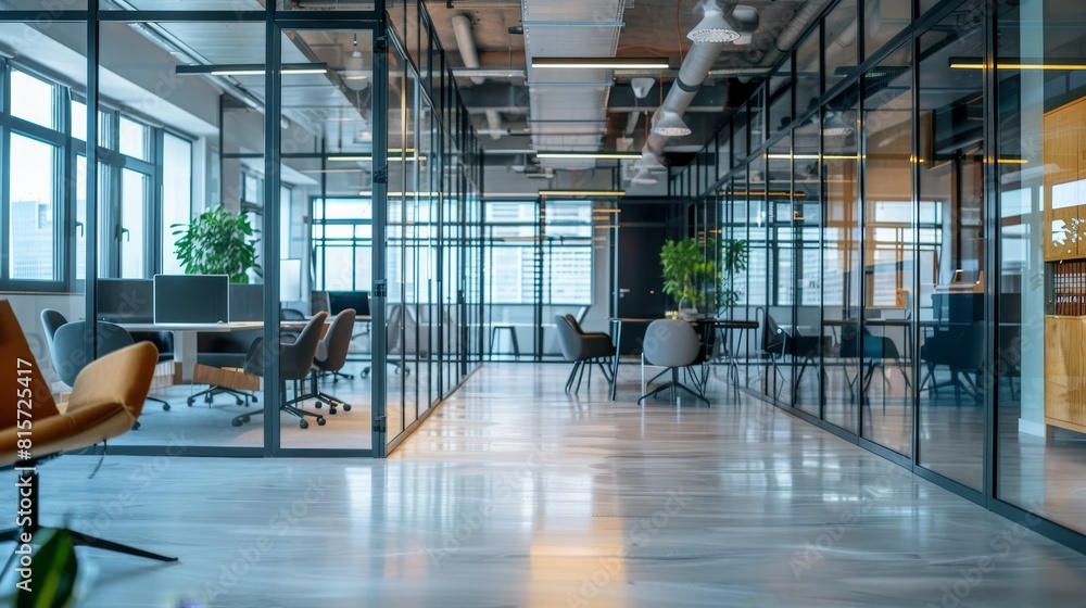 Modern Office Space With Glass Partitions in Daylight Modern Office Space With Glass Partitions in Daylight