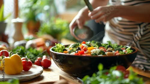 Mindful eating practice, woman in apron preparing salad fresh vegetables in large bowl in kitchen photo