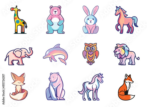 A collection of cute animal icons, including a giraffe, a bear, a rabbit, a horse, a dolphin, a cat, a bird, a fox, a rabbit, a horse, a cat, a bird, and a fox