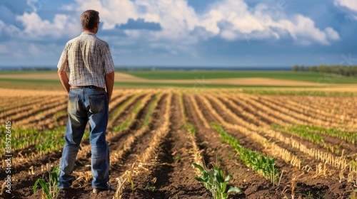 a heroic young American farmer, clad in a shirt and jeans, stands proudly before an endless cornfield stretching to the horizon, his arms crossed and gaze peacefully fixed upon the distant landscape.