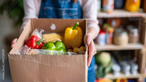 Woman holding a cardboard box of groceries  closeup.