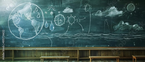 A detailed diagram of the water cycle drawn on a chalkboard, illustrating a typical science lesson in an empty classroom
