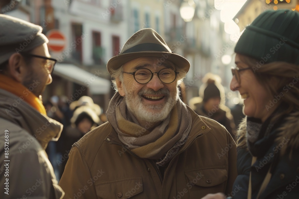 Senior man in a hat and glasses on the street of the old town Senior man in a hat and glasses on the street of the old town