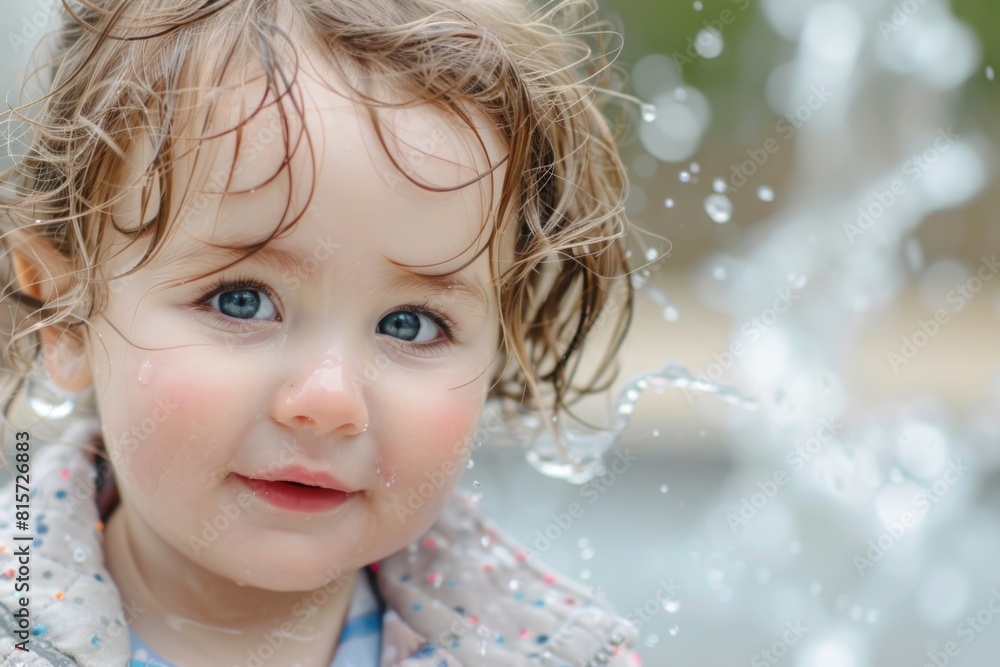 Close-up of a cute toddler with wet hair smiling and playing with water droplets outdoors. Close-up of a cute toddler with wet hair smiling and playing with water droplets outdoors.