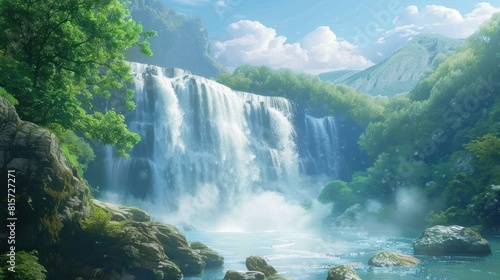 Beautiful View of waterfalls in medieval world, digital art style © HPMP Studio