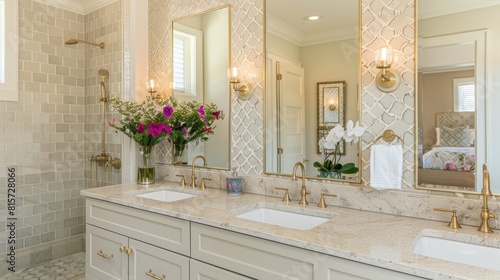 a wall sconce in a front view of a vanity  casting a warm glow over the space and accentuating its beauty and functionality.