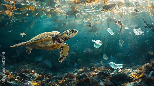 Sea turtles swimming in the ocean with plastic garbage and plastic bottles.
