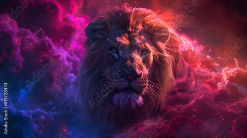 Majestic Lion Emerging from Inspired Neon Mist Powerful Muscles Rippling Under Tawny Coat