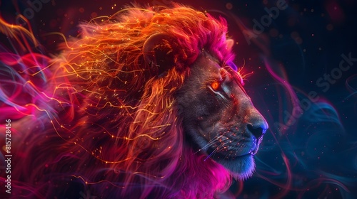 Majestic Lion Emerging from Swirling Neon Mist in Inspired Futuristic Landscape © shutterace