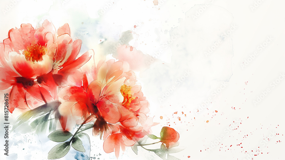 Obraz premium Watercolor beautiful peony flower with splashes of paint, cope space. Beautiful flower for wedding and invitation.