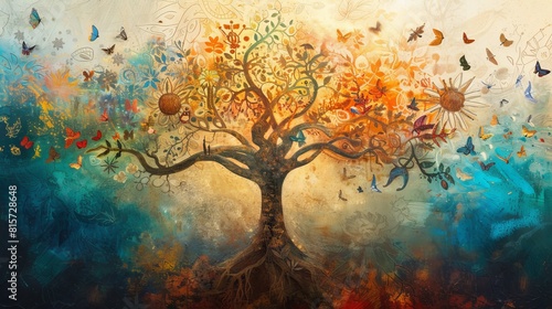 Beautiful tree illustration With Colorful Butterflies And Vibrant Branches - Showing Evolution And Interconnection Of Nature