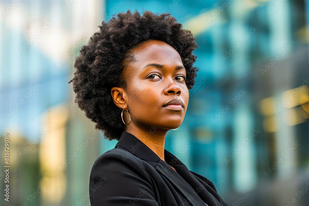 A professional young woman with natural afro hair standing confidently in a business district A professional young woman with natural afro hair standing confidently in a business district